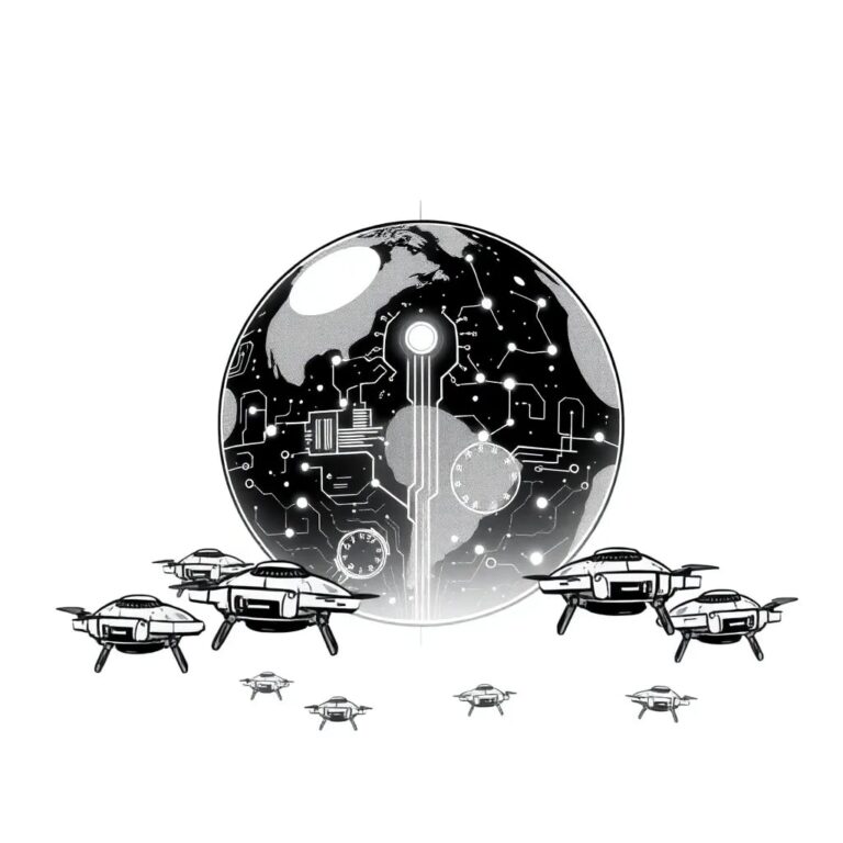 A futuristic, holographic globe with AI circuits pulsating beneath its surface, surrounded by miniature, state-shaped drones in constant, synchronized motion.