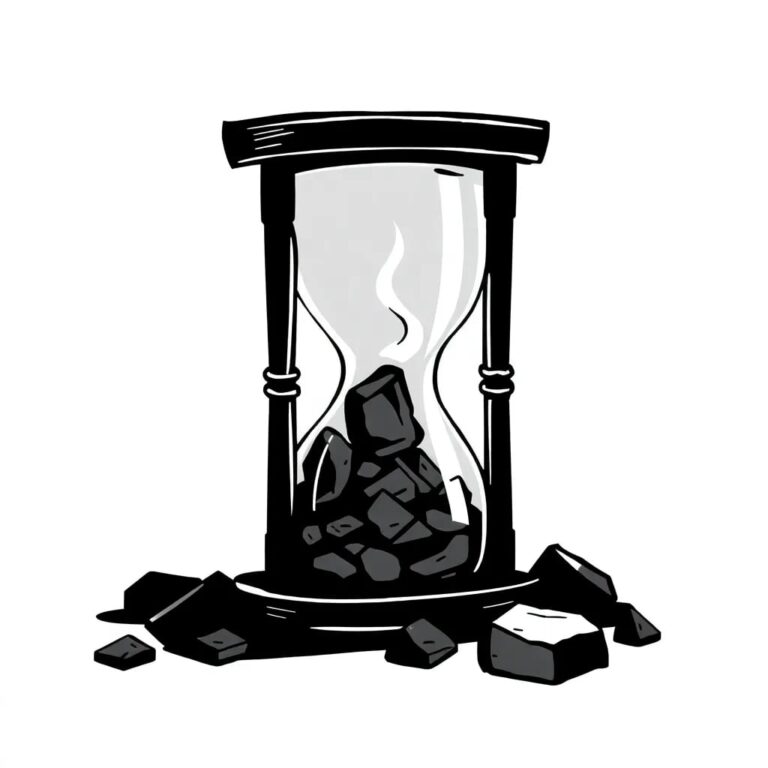 A shattered hourglass filled with glowing, smoldering coal