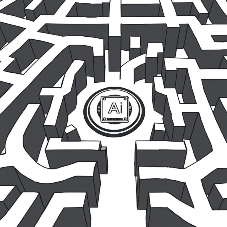 A labyrinthine maze with multiple overlapping paths, each ending at a single, central AI processor