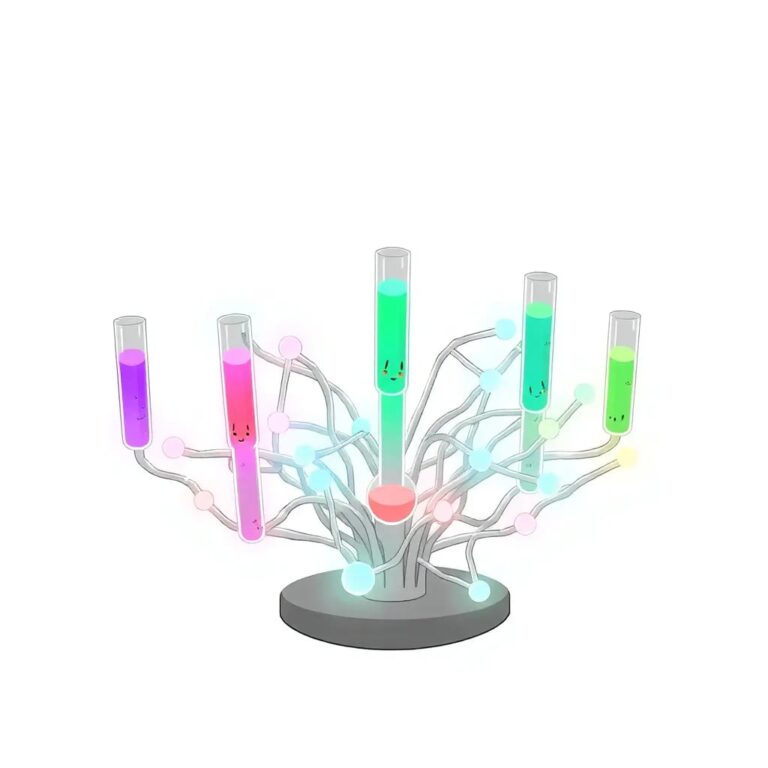 A dynamic, interconnected neural network sculpture made of transparent glass tubes filled with glowing, multicolored liquids that shift and change in real-time, representing the fluid exchange of skills and knowledge among people in AI development.