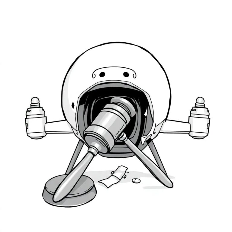 A shattered surveillance drone with a courtroom gavel embedded in its lens