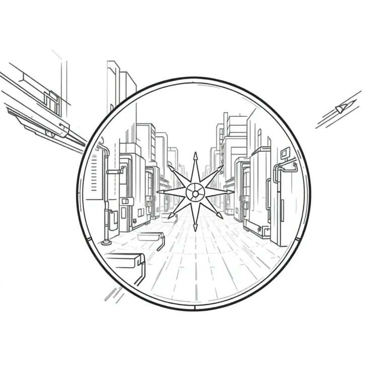 A holographic mirror reflecting a dynamic, ever-changing landscape of city streets, with AI algorithms visible as glowing, interconnected pathways, and an ethically balanced compass embedded in the frame.