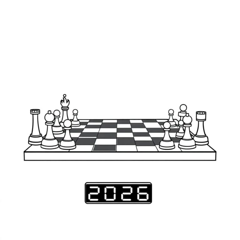 A robotic chessboard where the pieces are AI algorithms and human policy documents, with a digital timer counting down to 2026