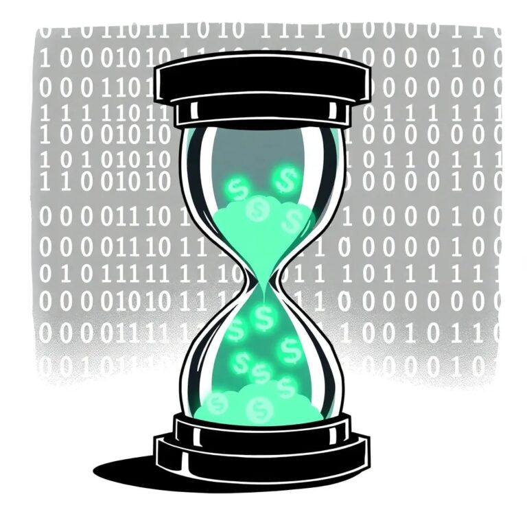 A digital hourglass filled with binary code and glowing green currency symbols