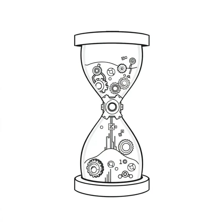 A digital hourglass filled with interconnected gears and microchips, where the sand is a flowing stream of binary code.