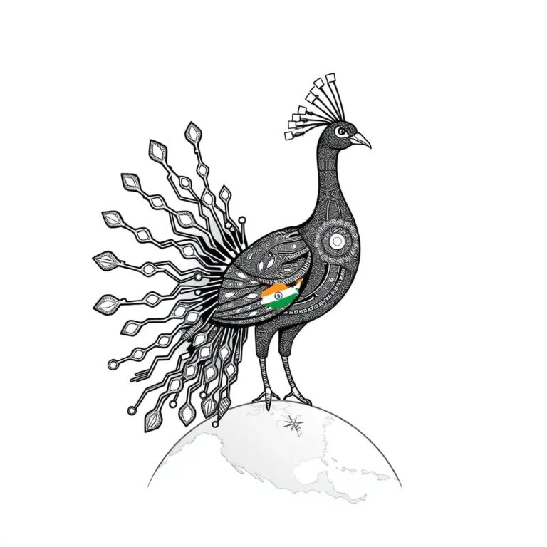 A futuristic, intricately designed peacock with feathers made of shimmering circuits and AI processors, standing atop a globe with India highlighted, and its tail feathers forming a network of interconnected digital nodes.