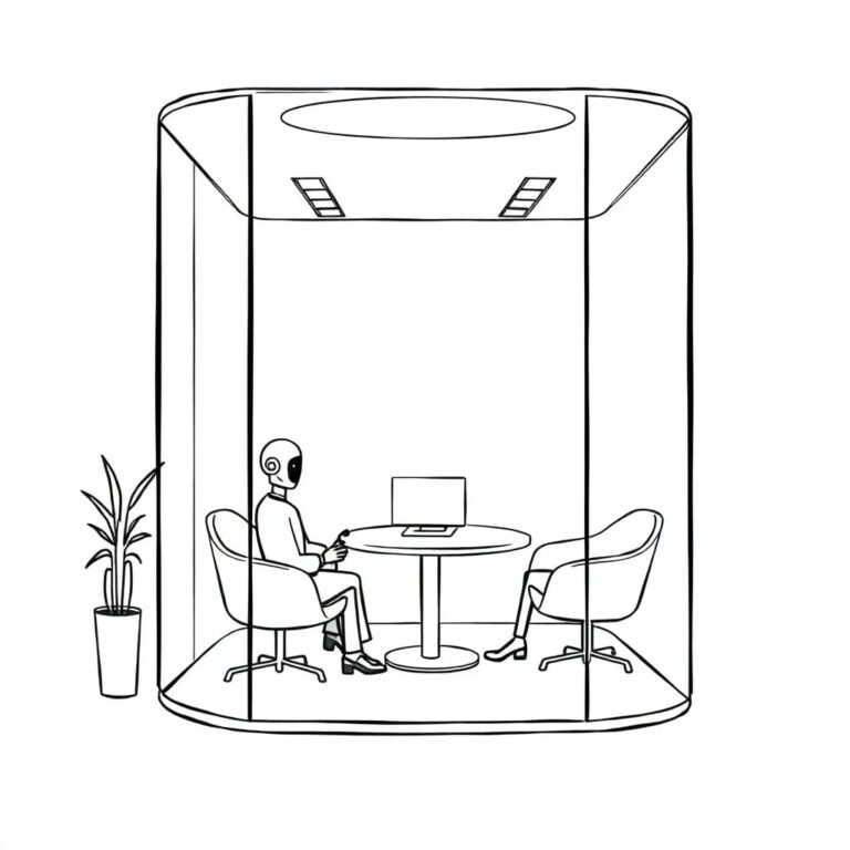 A futuristic, transparent interview booth with a holographic AI assistant