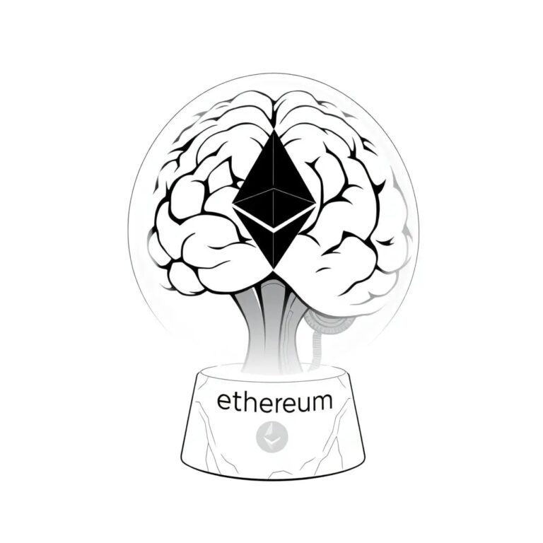 A futuristic, transparent AI brain encased in a crystal lattice, with Ethereum's logo subtly etched into the base and glowing circuits that pulse with data.