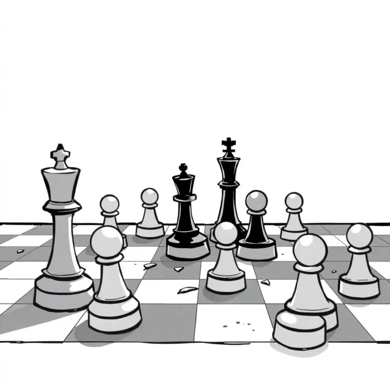 A shattered chessboard with AI-controlled pieces frozen mid-move