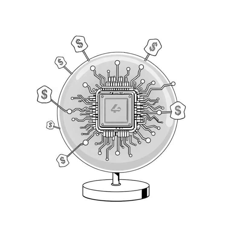 A fractal-shaped AI processor encased in a transparent globe, with interconnected banking symbols orbiting around it.