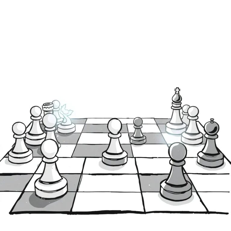 A chessboard with AI-controlled pieces facing off against human-controlled pieces, where some squares are glowing with an uncertain, flickering light.