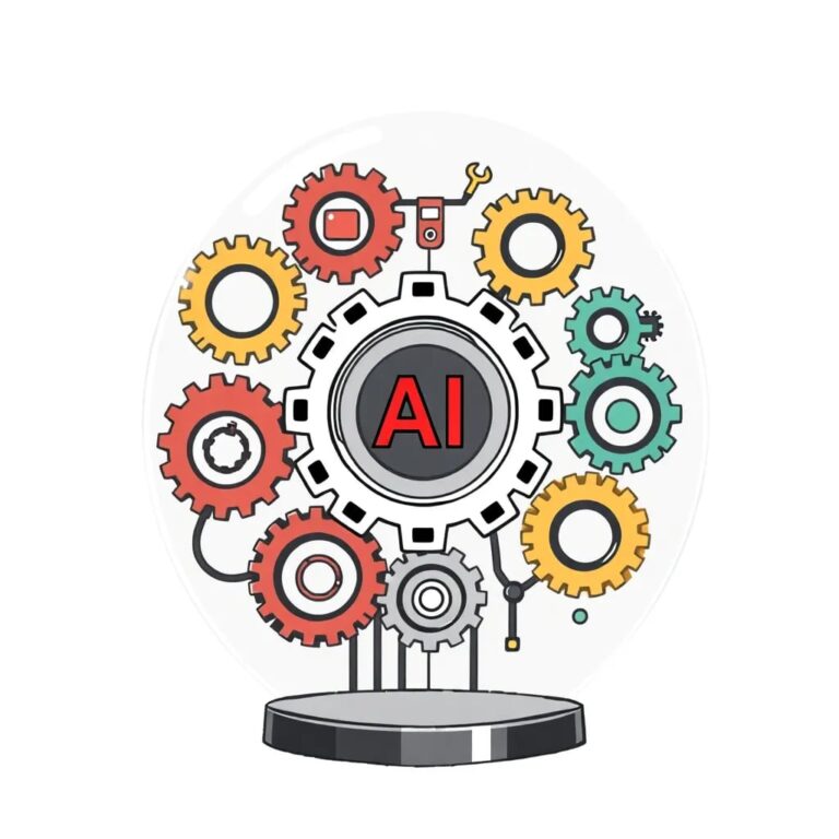 A multi-colored, interconnected web of gears, each gear representing a different industry, with a central AI processor gear driving them all, encased in a transparent, futuristic glass dome.