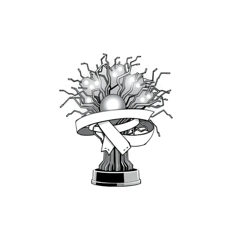 A futuristic, glowing AI neural network sculpture with a certification ribbon woven through its circuits