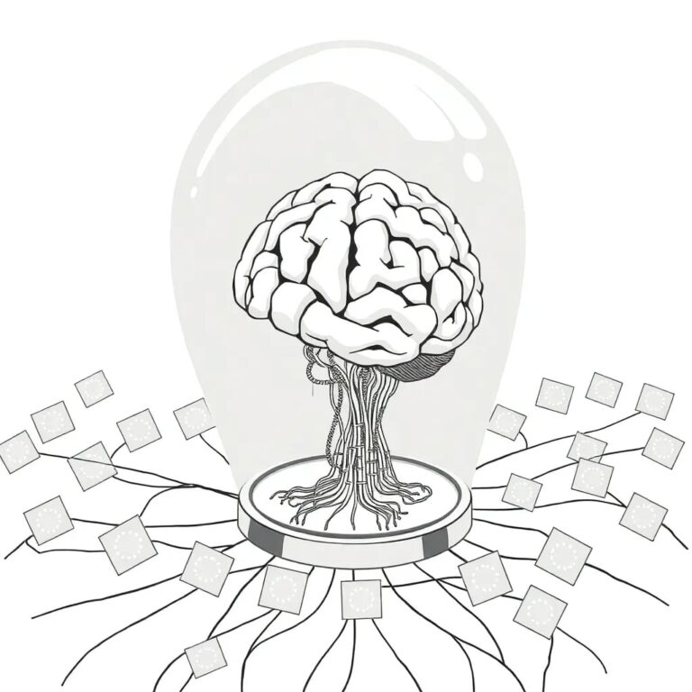 A futuristic, transparent AI brain encased in a glass dome, with intricate circuits and data streams flowing through it, surrounded by a network of interconnected European flags.