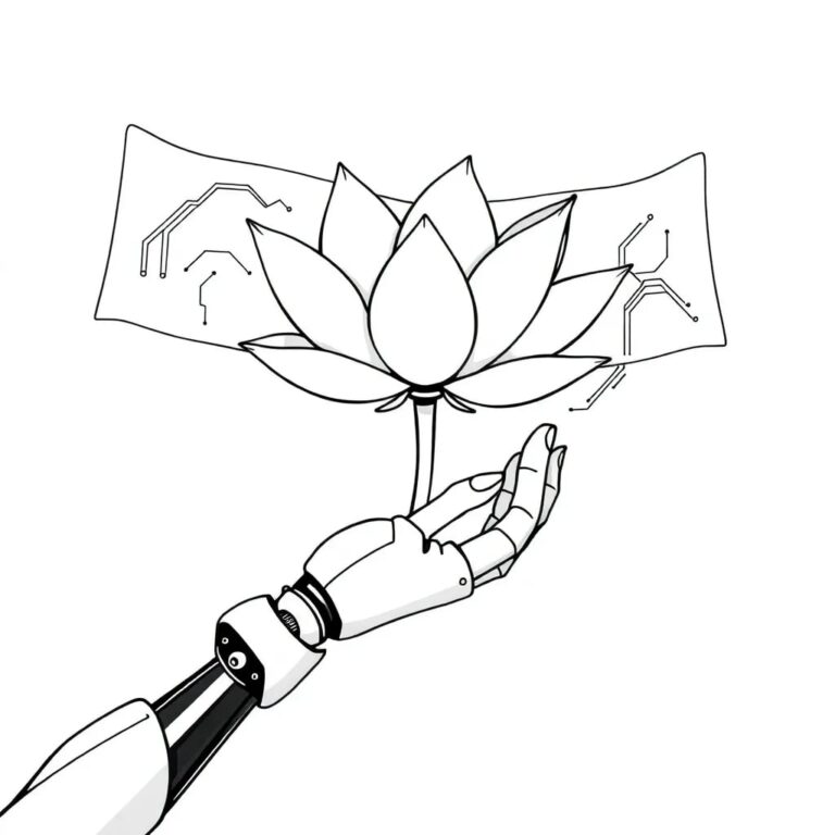 A robotic arm delicately holding a lotus flower while a circuit board unfurls like a scroll in the background