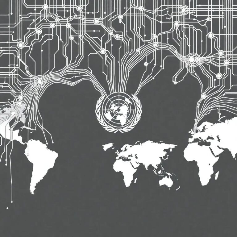 A intricately woven digital tapestry displaying interconnected AI circuits and global maps, with threads from various countries converging at a central node representing the United Nations.