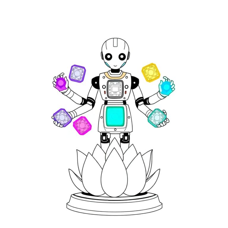 A multi-armed robotic statue holding seven intricately designed AI chips, each glowing with different colors, standing on a pedestal shaped like a lotus flower.
