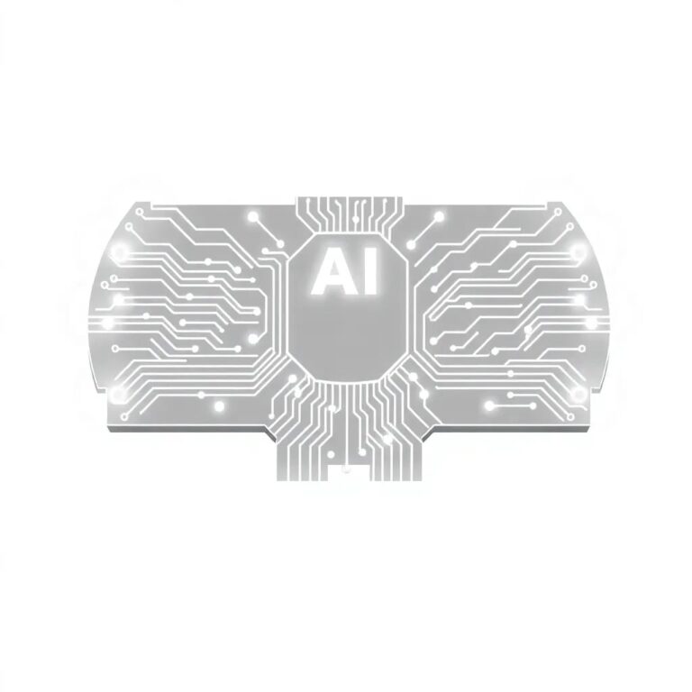 A futuristic, glowing circuit board shaped like a state seal, with AI algorithms visibly flowing through its pathways.