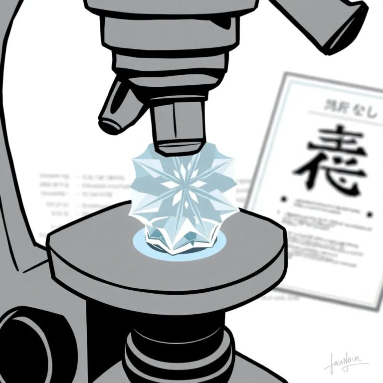 A rapidly spinning ice crystal under a microscope, with a blurred legal document in the background