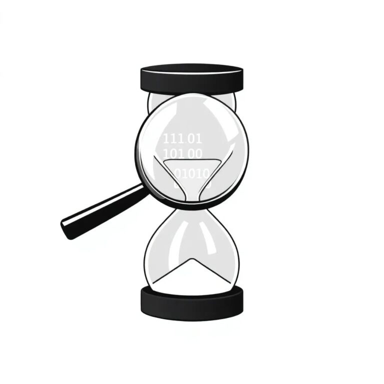 A magnifying glass suspended over a digital hourglass, with the hourglass filled with binary code instead of sand.