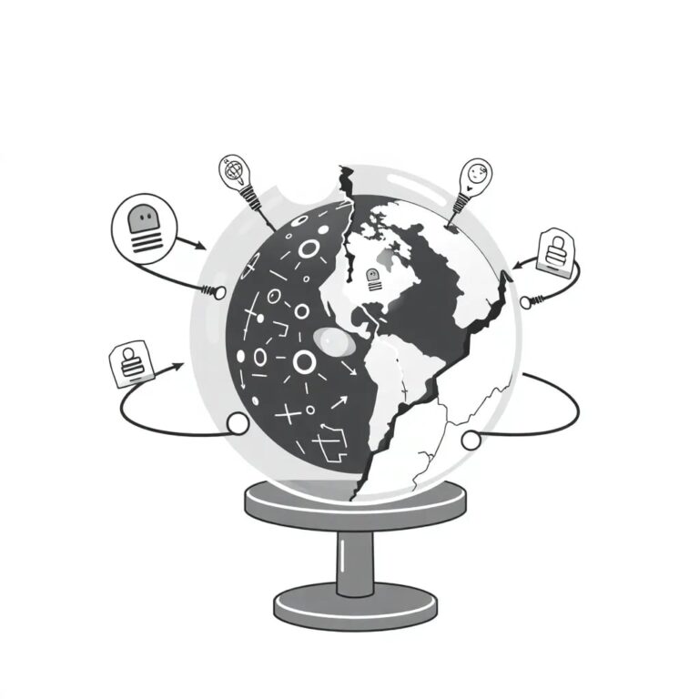 A futuristic classroom globe with AI circuits and employment icons orbiting around it, encased in a transparent dome with a cracked section representing liability.