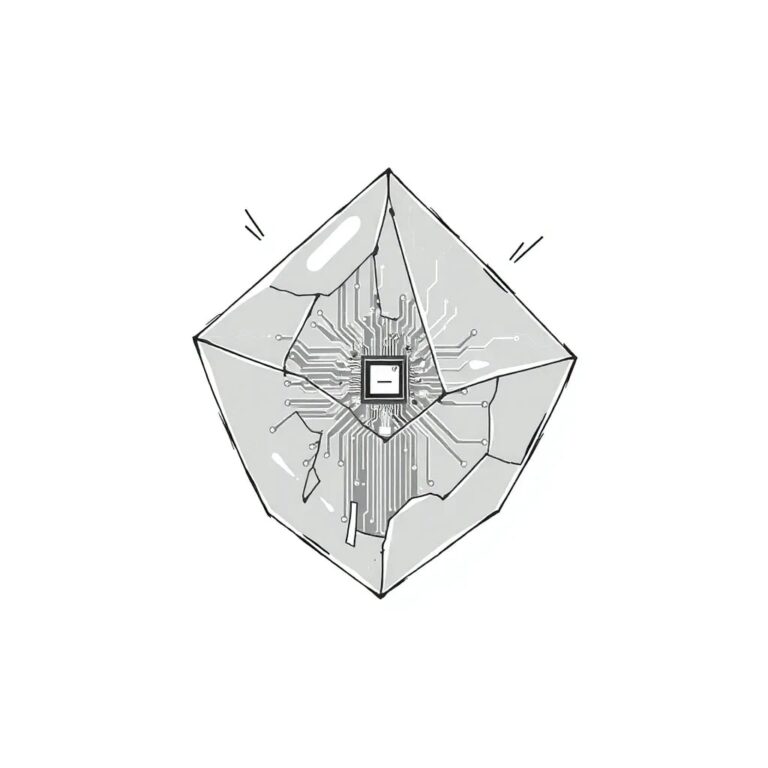 A shattered glass prism revealing a digital circuit board inside