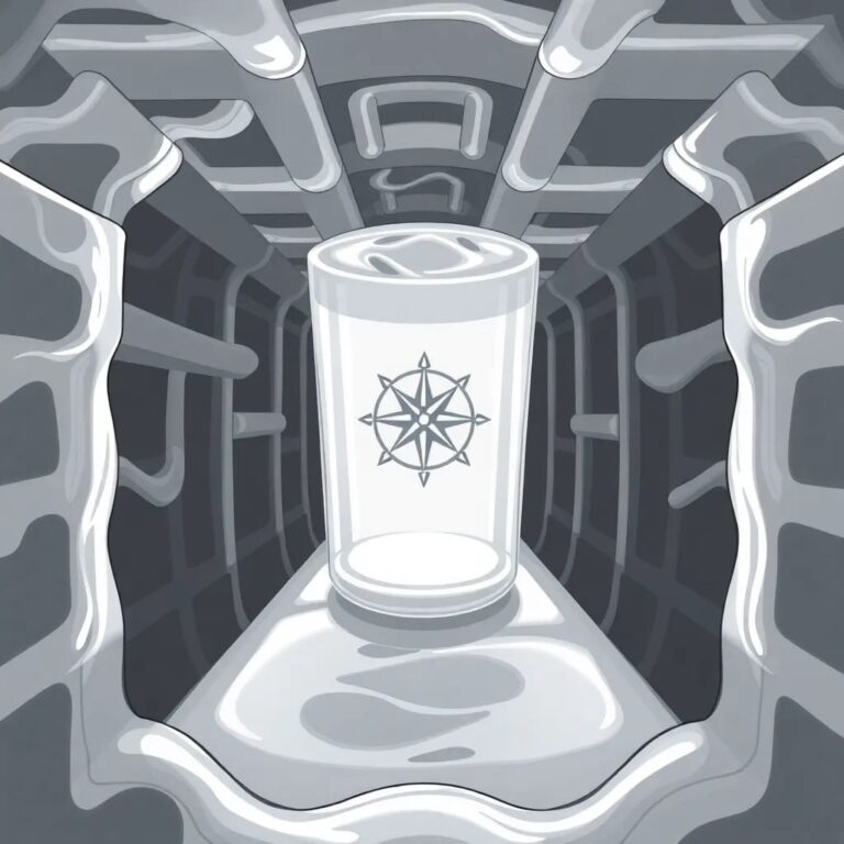 A glass labyrinth filled with liquid silver, representing the complex and ever-changing nature of AI-driven governance, with a small, glowing compass at its center symbolizing the guiding principles of democracy.