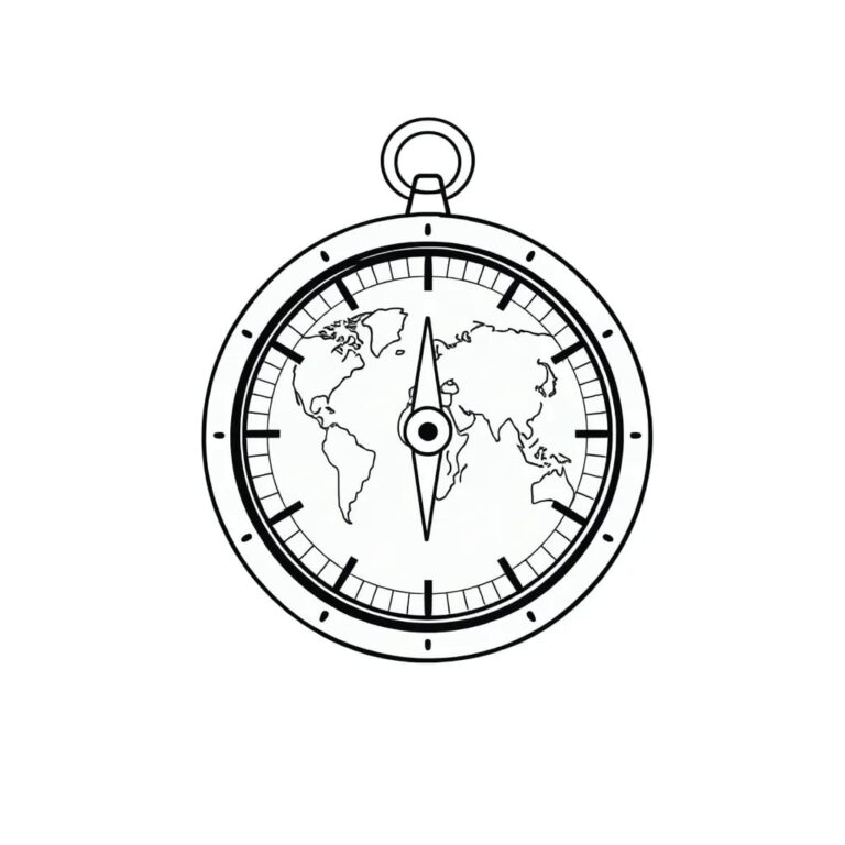 A compass with a digital display that shows shifting global borders and AI algorithms as the needle