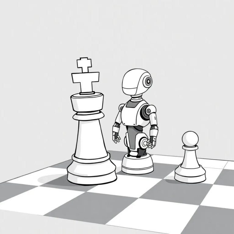 A chessboard with a rook replaced by a futuristic AI robot