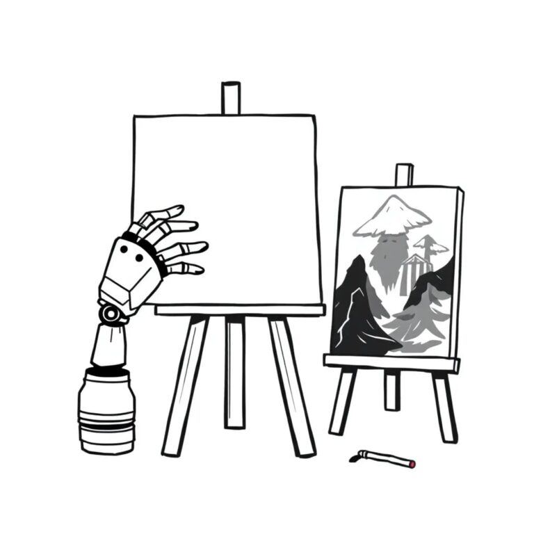 A pair of AI-controlled robotic hands, one holding a blank canvas and the other a paintbrush, with a finished masterpiece nearby