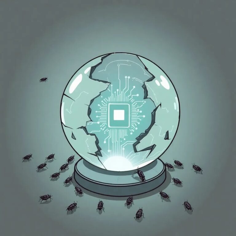 A shattered digital globe with a glowing, pulsating AI circuit board embedded within its core, surrounded by a swarm of tiny, menacing cybernetic insects.