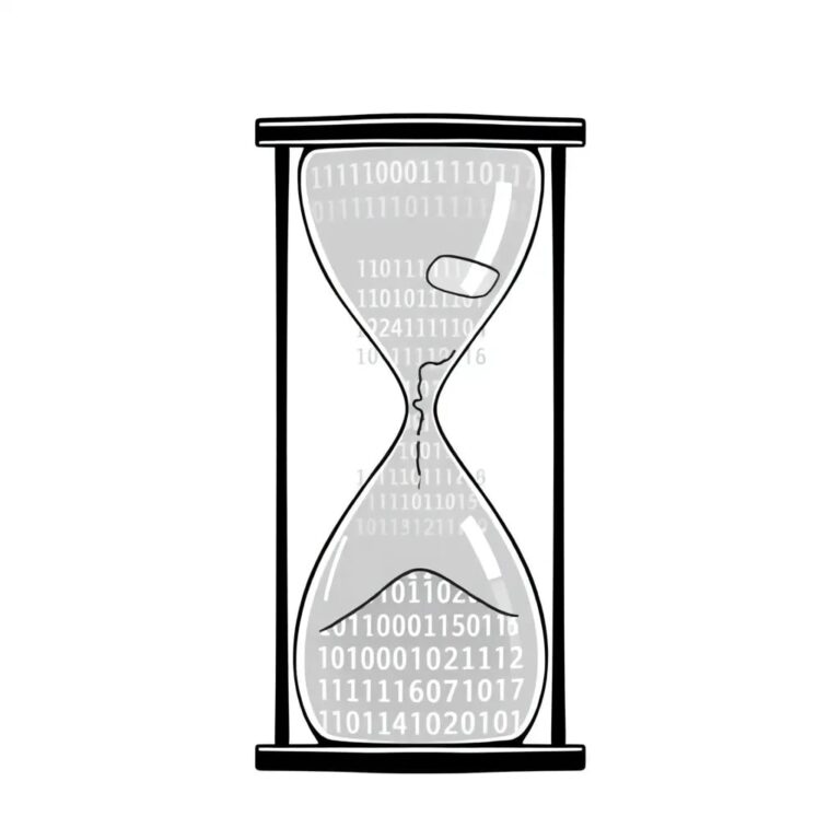 A digital hourglass with flowing binary code instead of sand