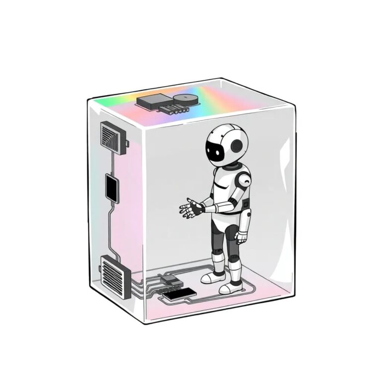 A transparent, intricately designed glass prism with embedded circuits, reflecting a spectrum of colors and casting a holographic image of a handshake between a human and a robot.