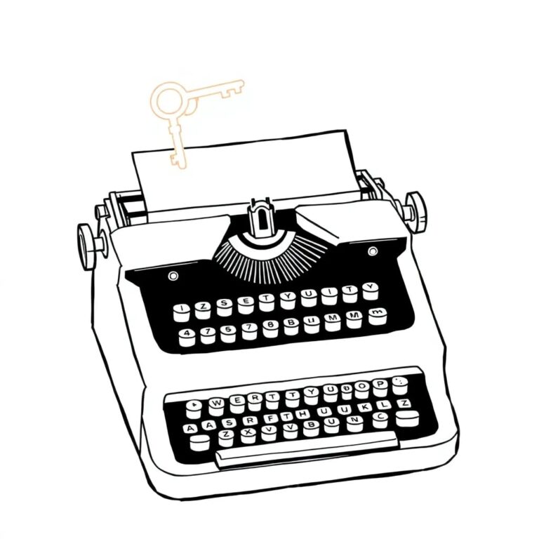 A locked, antique typewriter with a glowing, ethereal key floating above it