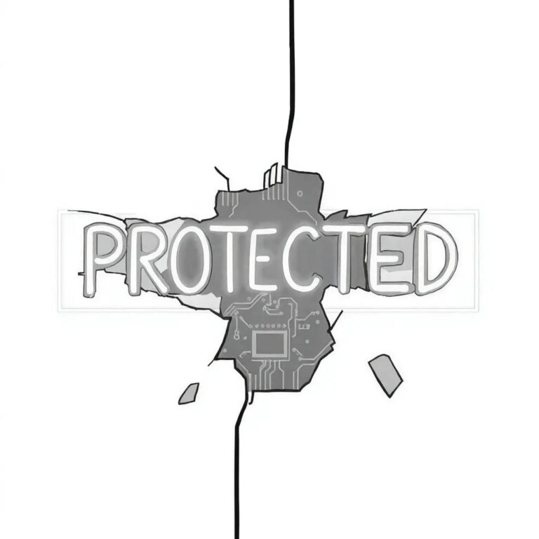 A shattered, glowing neon sign reading 'PROTECTED' with a circuit board embedded within the glass fragments