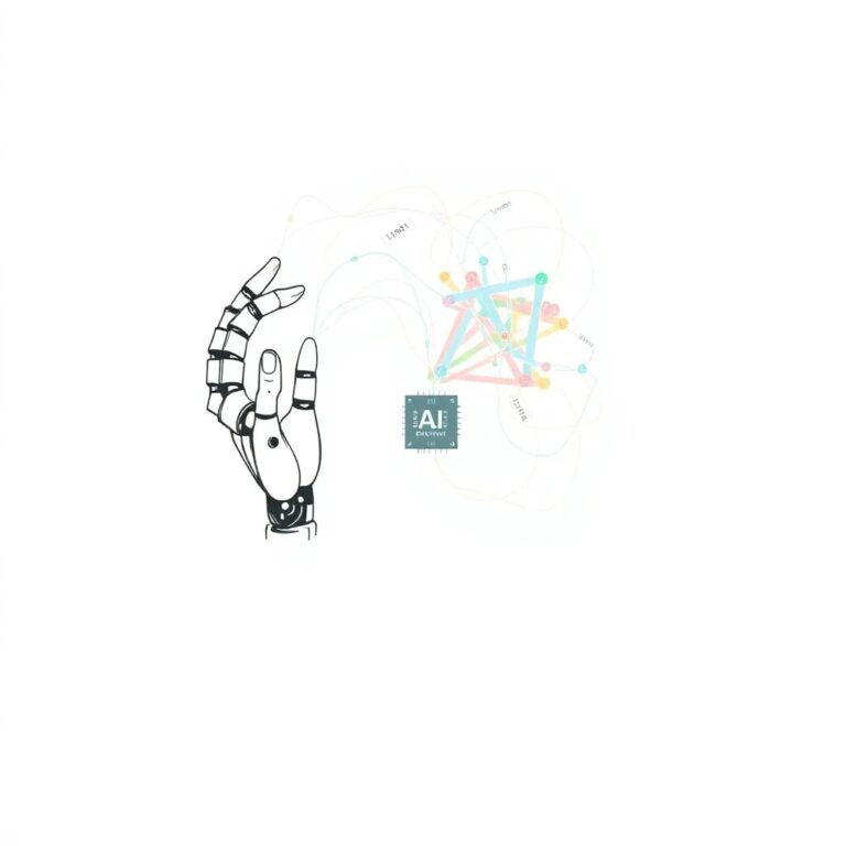 A robotic arm holding a tangled web of glowing, multicolored threads, each thread representing a different compliance regulation, with a small, intricate AI chip embedded at the center of the web.