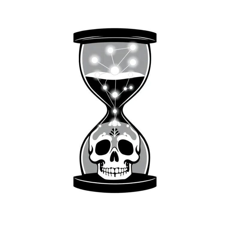 A digital hourglass filled with glowing, interconnected nodes representing data, with a traditional Mexican sugar skull at its base.