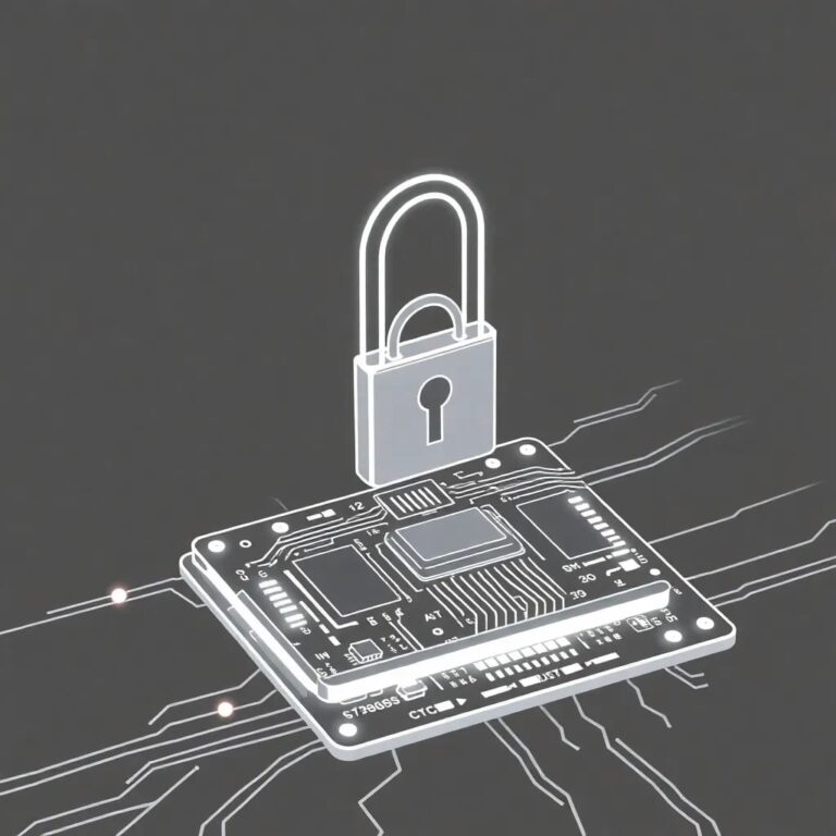 A futuristic, glowing AI circuit board with a holographic padlock floating above it