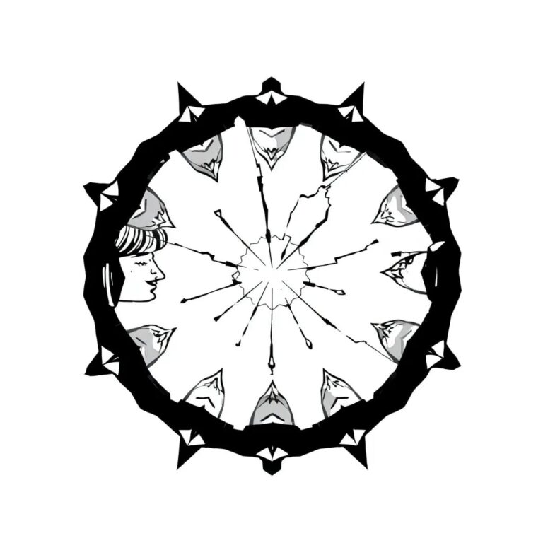 A shattered kaleidoscope with fragments of diverse faces reflecting distorted patterns