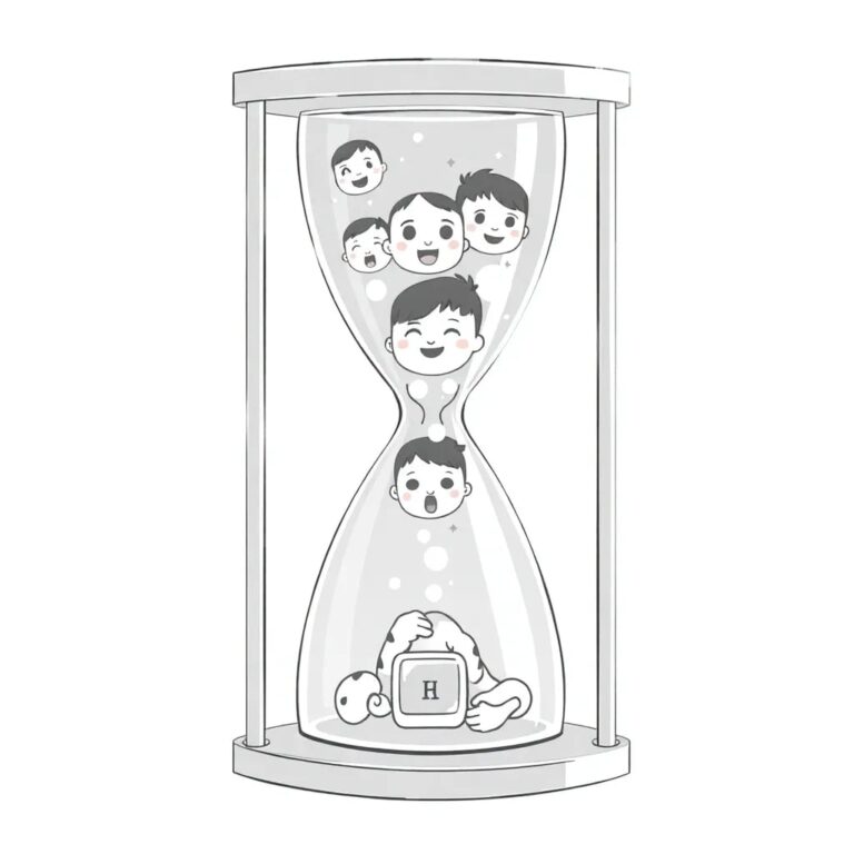 A digital hourglass with glowing, ever-changing AI-generated faces of children flowing from the top to the bottom, where they transform into secure, locked icons.