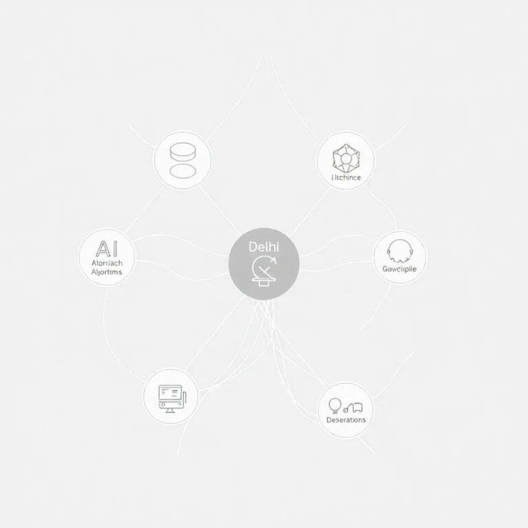 A intricately woven, seven-stranded digital tapestry displaying interconnected AI algorithms and governance principles, with a glowing thread representing the 'Delhi Declaration' weaving through the center.