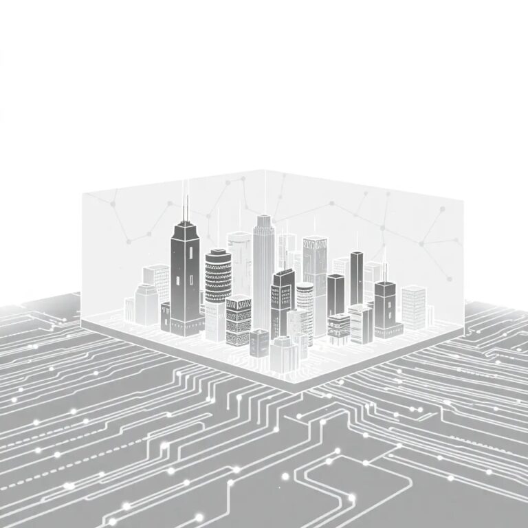 A holographic cityscape with interconnected AI nodes pulsating in harmony, surrounded by a transparent, ever-evolving circuit board representing adaptability and integration.
