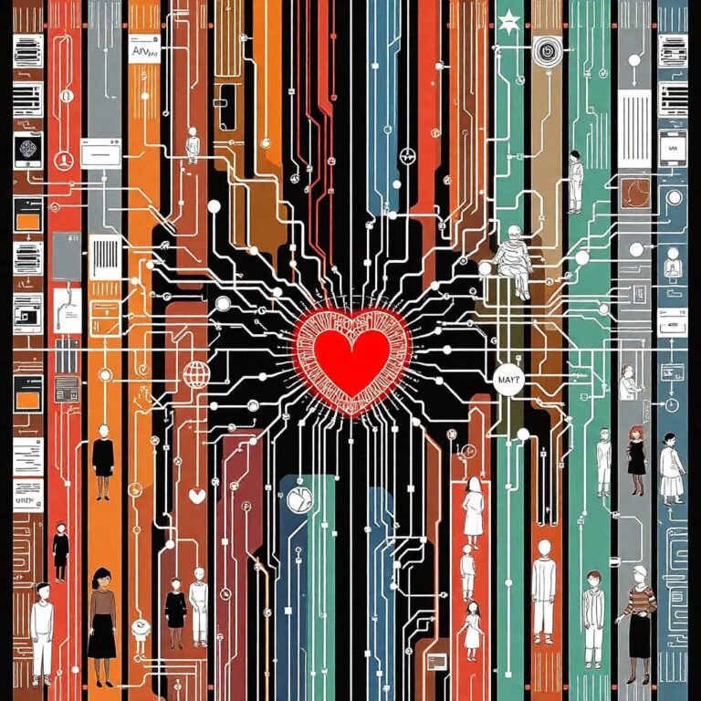 A multi-colored, intricately woven digital tapestry displaying interconnected AI algorithms and diverse human figures, with a glowing, pulsating heart at its center.