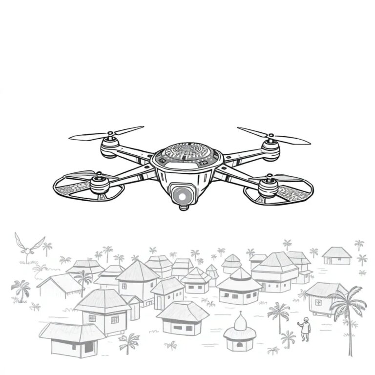 A futuristic, intricately designed AI-controlled drone hovering over a traditional Indian village, with a glowing circuit board pattern on its wings and a small, pulsating light at its core.