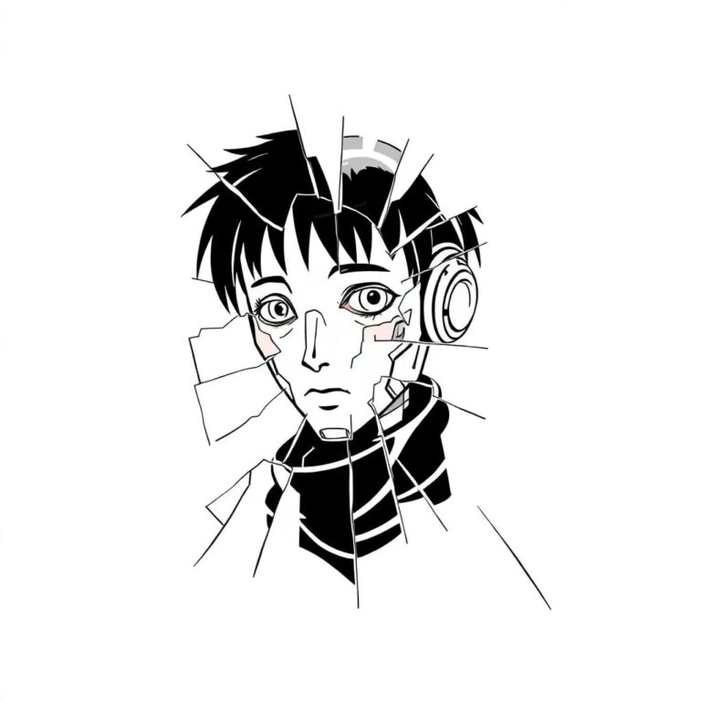 A shattered digital mirror reflecting a fragmented AI avatar