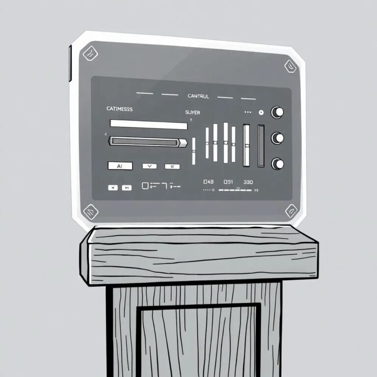 A futuristic, semi-transparent AI control panel with glowing, adjustable sliders and blinking caution lights, mounted on a sturdy, ancient oak lectern.