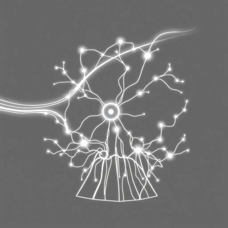 A futuristic, glowing neural network sculpture with light trails representing data moving at the speed of light