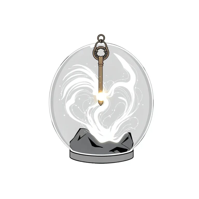 A futuristic, transparent glass dome containing a swirling, neon-lit digital storm, with a small, intricately designed copper key floating above it.