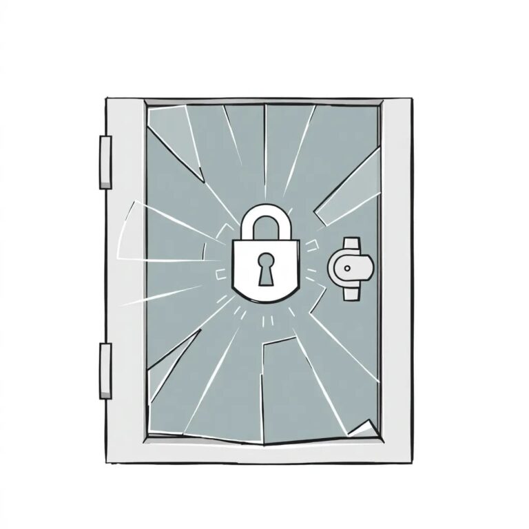 A shattered glass bank vault door with a digital lock displaying a complex AI algorithm