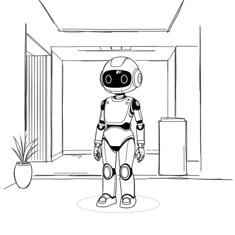 A futuristic, transparent AI-driven concierge robot that seamlessly integrates into a hotel lobby, symbolizing the ethical and efficient adoption of AI in hospitality.